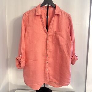 Sigrid Olsen Top Women Medium Coral 100% Linen Button Up Cruise Roll Tab Classic